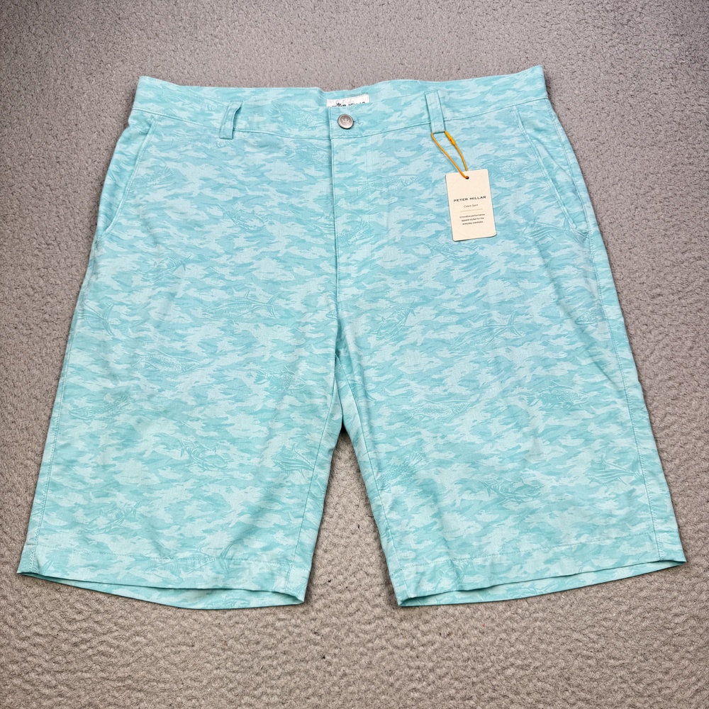 Peter Millar Crown Sport Shorts Mens 35 Blue Fish Print Beach Glass Golf Stretch